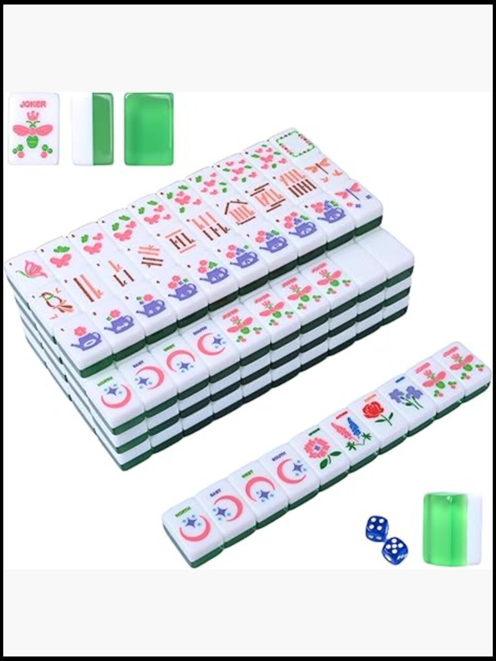 Green Floral Mahjong Tile Set with Decorative Prints